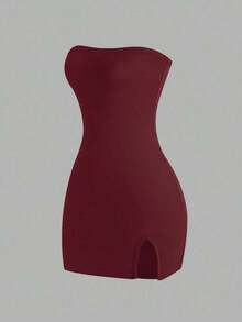 Vestido negro sin tirantes para mujer, minivestido corto - Burdeos - Ver 8