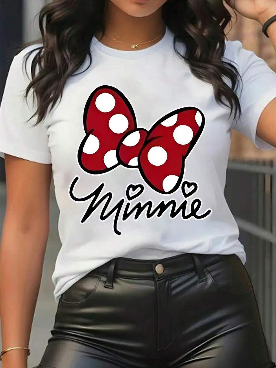Disney Women's Best-Selling Printed T-Shirts, Red Polka-Dot Bow Minnie Mouse Cartoons, Cute Fashion, Printed Short-Sleeved T-Shirts, Casual, Comfortable, Fashionable, Versatile, Suitable For Spring, Summer And Autumn Casual Wear Couple Shirts, Unisex, Holiday Gifts. - White - View 1