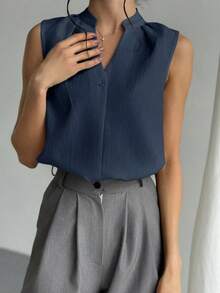 Blusa de cuello en V elegante y chic para oficina con diseño simple y detalles femeninos, blusas sin mangas - Azul marino 2 - Ver 1