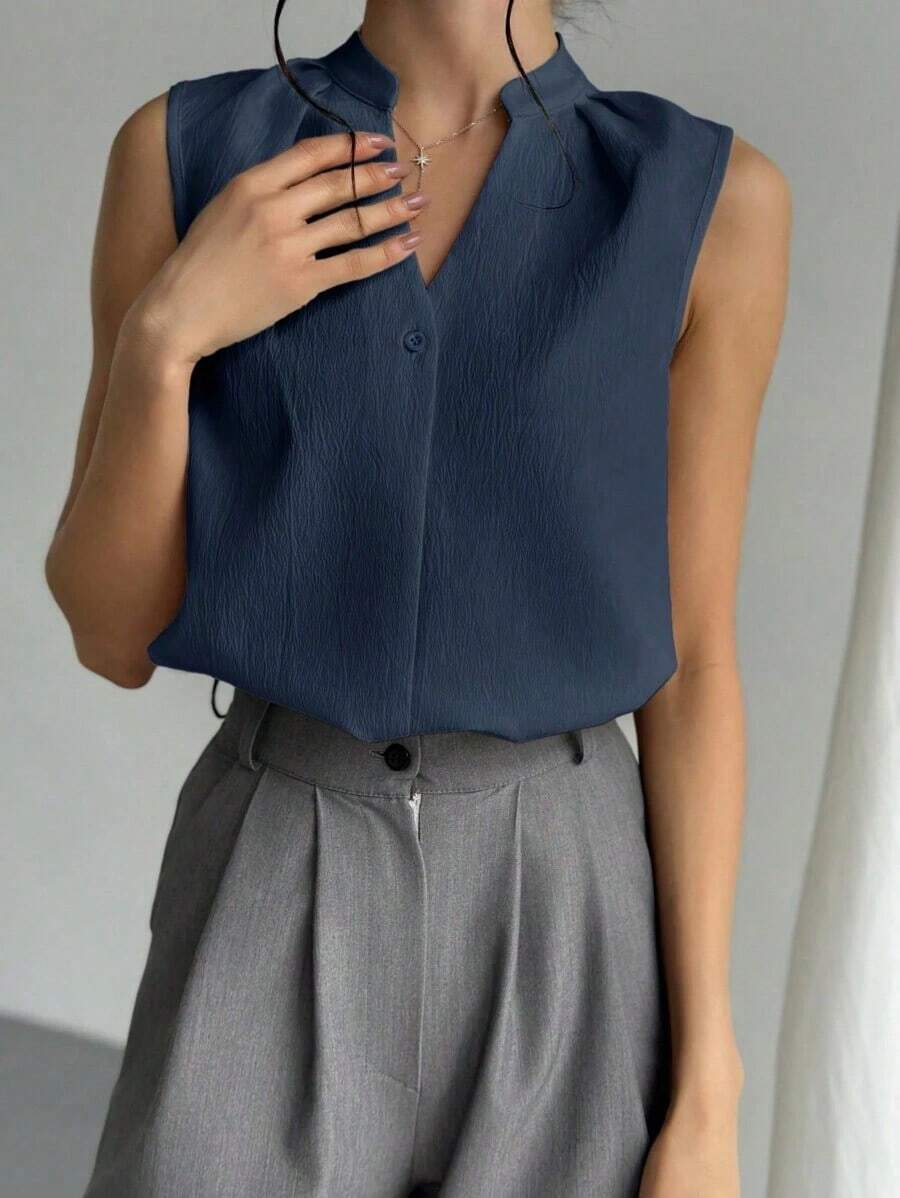 Blusa de cuello en V elegante y chic para oficina con diseño simple y detalles femeninos, blusas sin mangas - Azul marino 2 - Ver 1