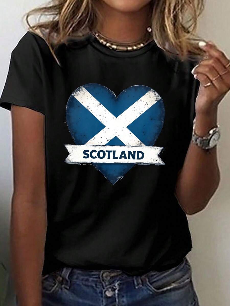 Women's Casual T-Shirt With Scottish Heart Print - Short Sleeve, Crew Neck, Lightweight, Summer And Spring Clothing, Casual Wear | Crew Neck T-Shirt | Lightweight Fabric - 黑色 - 查看 1