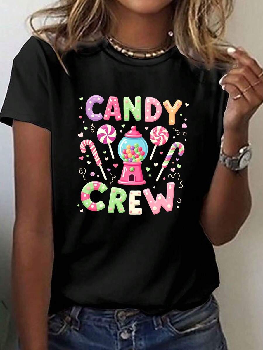 Women's Candy Print T-Shirt - Short Sleeve, Round Neck, Candy Design (Lollipops, Gummy Bears) - Medium Stretch Fabric, Ideal For Spring, Summer, Parties And Casual Looks - Machine Washable, Comfortable And Not Tight - Black - View 1