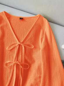 Blusa casual de mujer de manga acampanada con lazo, unicolor, top color burdeos, top rojo vino, top rojo oscuro, ropa estilo cottagecore, blusas rojas para mujer, casual - Naranja Quemada - Ver 3