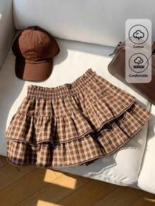 Falda pantalón para mujeres para conciertos campestres, blanca, de tejido, con cintura elástica y volantes en el bajo con silueta evasé - Marrón - Ver 1