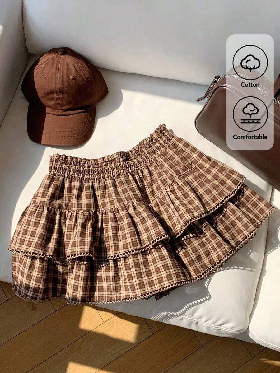 Falda pantalón para mujeres para conciertos campestres, blanca, de tejido, con cintura elástica y volantes en el bajo con silueta evasé - Marrón - Ver 1