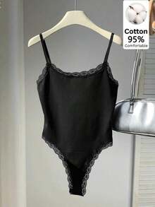 Body de encaje con parches, versátil para uso diario casual de mujer - Negro - Ver 8