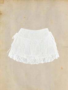 Falda casual de mujer con cintura con cordón, lazo y volantes de tela de encaje de doble capa, adecuada para uso diario - Blanco - Ver 2
