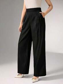 Pantalones anchos de cintura alta plisados, elegantes y apropiados para el trabajo en otoño/invierno - Negro - Ver 4