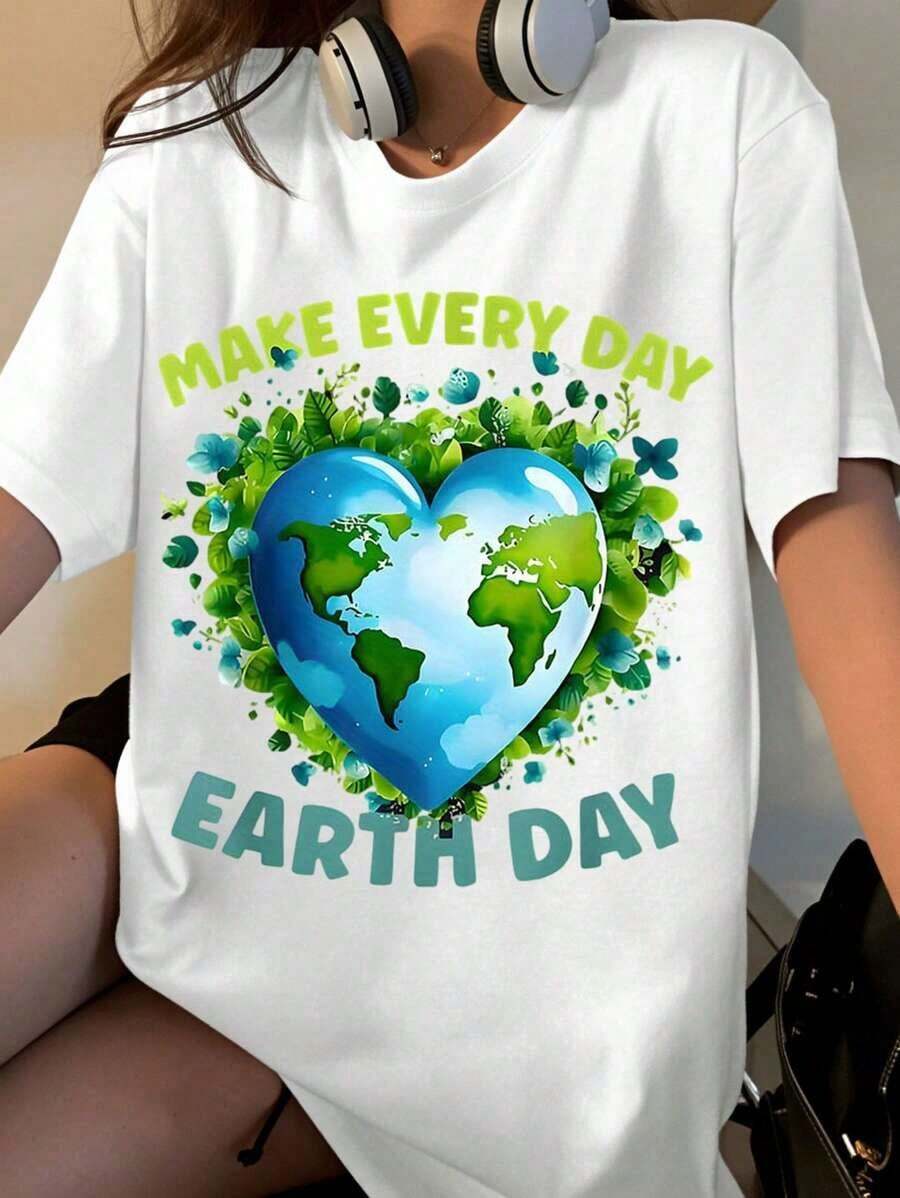 1 Piece T-Shirt With Heart Design "Make Every Day Earth Day" For Earth Day,  Awareness Gift For Women, Men, Unisex, Casual Wear, 180g, 100% Cotton. - 白色 - 查看 1