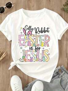 1 Piece Easter T-Shirt "Silly Rabbit Easter Is For Jesus", Religious Easter T-Shirt, Christian Easter Clothing, Funny Easter T-Shirt, Easter Top For Women, Gift For Spring Holidays, 180g 100% Cotton. - 白色 - 查看 4