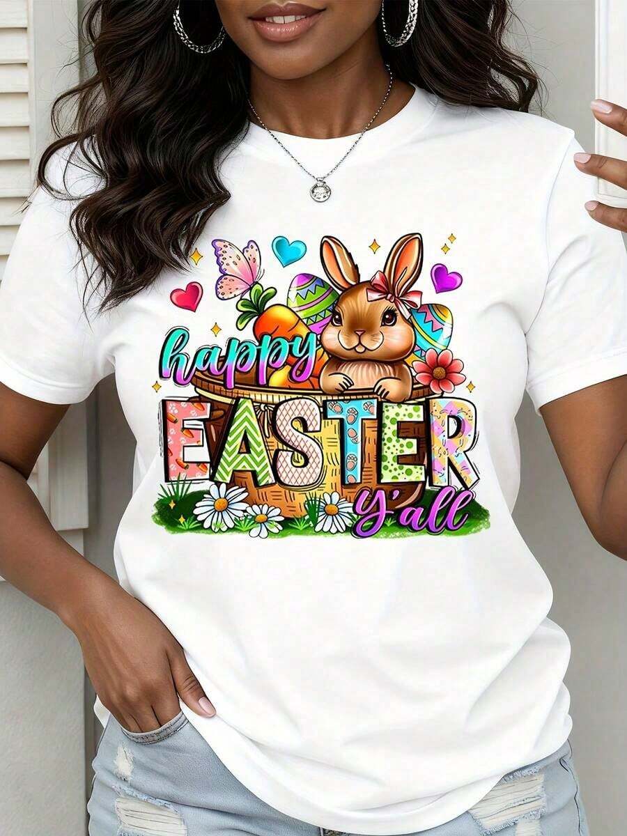 1 Piece Women's "Happy Easter" T-Shirt With Bunny, Basket, Eggs, Flowers And Hearts Design, For Spring, Holidays, Cute Easter T-Shirt, Fun Easter Gift, 180g, 100% Cotton - 白色 - 查看 1