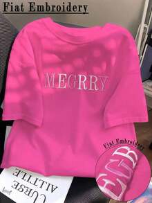 Camiseta ajustada de casual de manga corta y cuello redondo con bordado de letras para mujer de verano - Rosa Fucsia - Ver 1