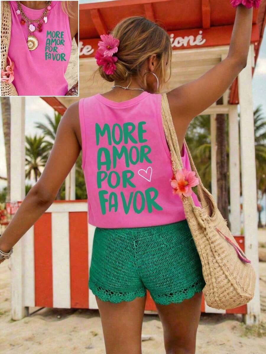 Blusa de ajuste regular casual con estampado, sin mangas para mujer - Rosa Fucsia - Ver 1