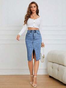 Falda casual de línea A de mezclilla de longitud media con bolsillos y abertura para mujer - Azul lavado medio - Ver 1