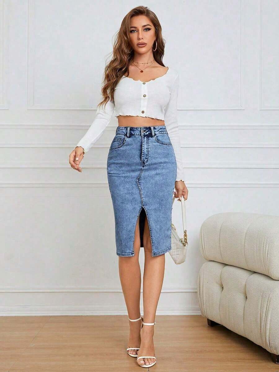 Falda casual de línea A de mezclilla de longitud media con bolsillos y abertura para mujer - Azul lavado medio - Ver 1