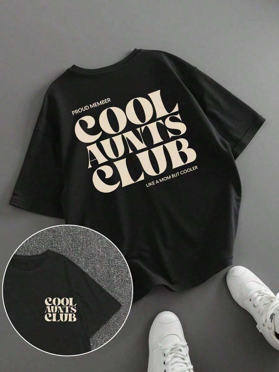 Women's Plus Size Printed T-Shirt, Loose Fit, With "Cool Aunt Club" Letter Print, Mother's Day Gift, Teacher's Day Gift, Back To School Gift, Casual Summer Style, 100% Cotton - 黑色 - 查看 1