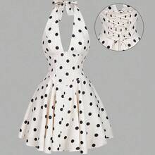 MOD Women's Apricot Mini Dress With Bowknot Design,Ivory White Halter Mini Dress Wedding Guest Party, Jacquard Lace Fabric, Old Money Style, Sleeveless Fit And Flare Dress, Elegant Bridal Shower Dress For Cocktail Party, Engagement, Reception, Holiday Gathering, Formal Summer Event - Multicolor - Ver 10