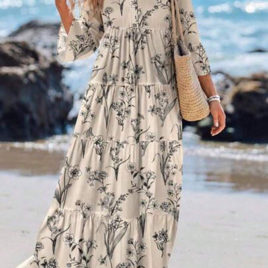 Casual Floral Pattern V-Neck Long Sleeve Pleated Dress For Women, Suitable For Autumn Blue And White Floral Dress Chic Dress,Vacation - Beis - Ver 1
