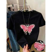 Camiseta de Manga Corta Mujer, Cuello Redondo, Estampado Impreso - negro1 - Ver 6