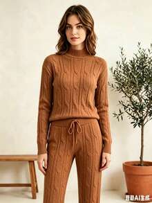 1pc Casual Blouse And Pants Set, Daily Winter Modal Knit, Classic Cable Knit - Màu Khaki - Xem 6