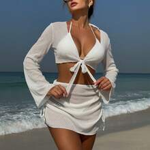 Nuevo traje de baño de cuatro piezas de color sólido, sexy, estilo ins, ideal para vacaciones de verano en la playa. - Rojo - Ver 3