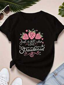 Camiseta Casual con Estampado de Fresas, Manga Corta, Cuello Redondo, Top de Verano para Playa con Patrón de Hojas y Frutas de Fresa, Corte H-Line Cómodo para Uso Diario, Fiestas, Campamentos, Camiseta Unisex para Adultos. - Negro - Ver 1