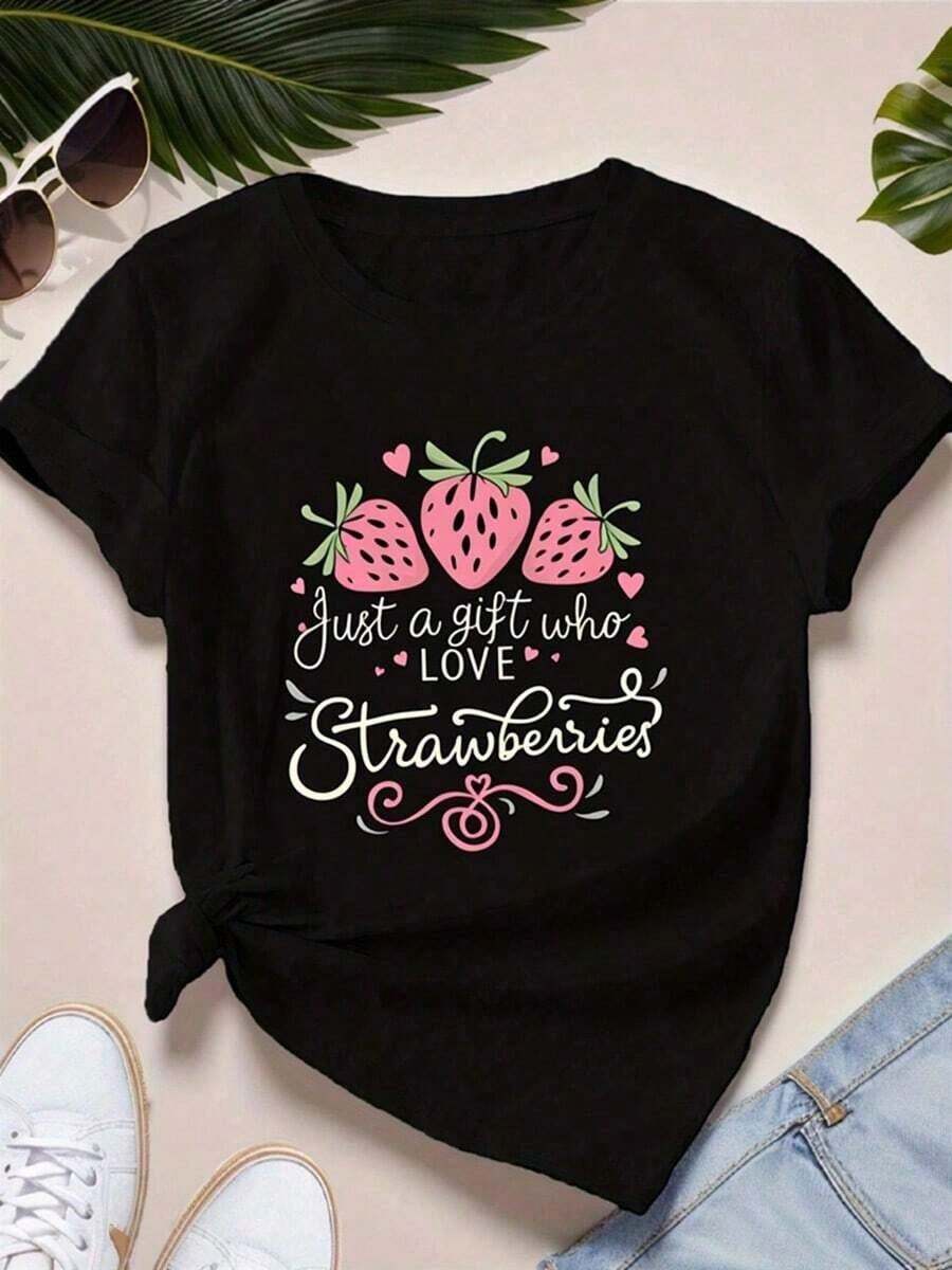Camiseta Casual con Estampado de Fresas, Manga Corta, Cuello Redondo, Top de Verano para Playa con Patrón de Hojas y Frutas de Fresa, Corte H-Line Cómodo para Uso Diario, Fiestas, Campamentos, Camiseta Unisex para Adultos. - Negro - Ver 1