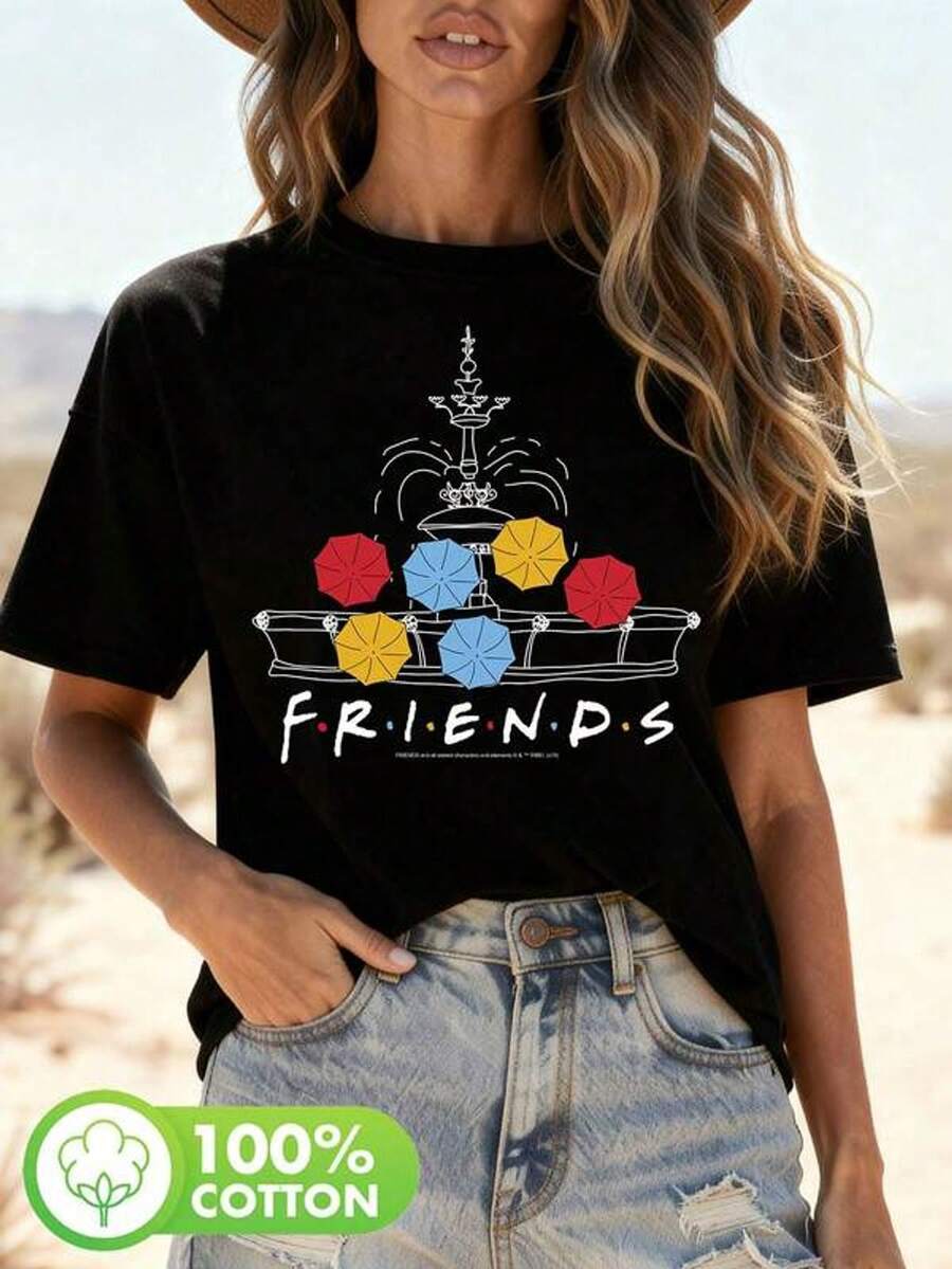 Camiseta Casual de Manga Corta para Mujer WB con Estampado de Paraguas y Logo de la Serie 'Friends' - Blusa Semi-Transparente Blanca para Looks de Primavera y Verano (Lavable a Máquina) 100% algodón