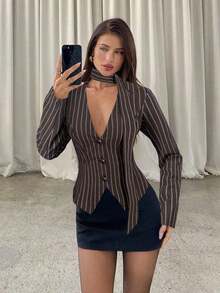 Chaqueta blazer de mujer con elegante estampado de lunares, adecuada para ir al trabajo - Marrón - Ver 4