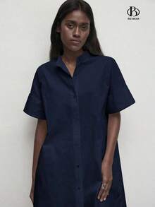 Vestido de algodón holgado de unicolor con cuello alto y botones delanteros para mujer, estilo minimalista básico para uso diario, ir al trabajo, vestimenta casual de negocios y atuendo de oficina - Azul marino - Ver 3