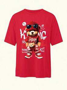 New Cartoon Bear Print T-Shirt, Women's, Crew Neck, Casual And Loose Fit, Fashionable, Suitable For Daily Wear In Spring/Summer - Vintage Street Style Unisex Bear Cotton Short Sleeve Crew Neck T-Shirt - 紅色的 - 查看 3