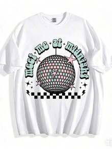 Camiseta de diseño estampado casual 100% algodón para mujer, diseño 2D plano "Meet Me At Midnight Disco Ball", adorno colgante acrílico para fiestas y noches de baile, regalo de vacaciones para amigas, tops de verano, atuendos diarios para mujer, adecuada para primavera, verano y otoño. - Blanco - Ver 1