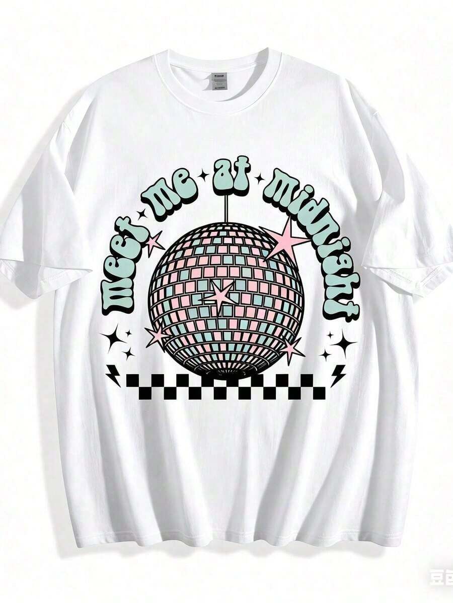 Camiseta de diseño estampado casual 100% algodón para mujer, diseño 2D plano "Meet Me At Midnight Disco Ball", adorno colgante acrílico para fiestas y noches de baile, regalo de vacaciones para amigas, tops de verano, atuendos diarios para mujer, adecuada para primavera, verano y otoño. - Blanco - Ver 1