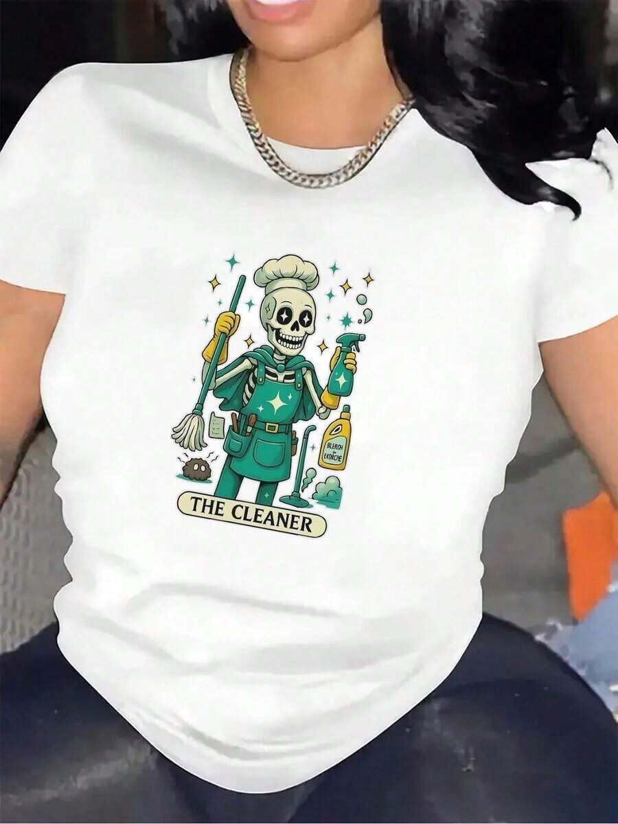 Camiseta ligera de manga corta diseñada para cocinas de restaurantes, con un divertido estampado de un limpiador de esqueletos, perfecta para usar todo el día y ofrecer comodidad tanto en entornos domésticos como comerciales. Camiseta estampada de manga corta para mujer, con cuello redondo, estilo casual, ideal para uso diario y viajes. Adecuada para primavera, verano y otoño. - Blanco - Ver 1
