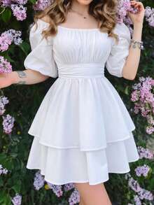 Vestido de muñeca con volantes en el bajo, unicolor para vacaciones en la playa; Falda de línea A con mangas farol, minimalista y sexy - Blanco - Ver 1