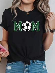 Women's Soccer Graphic T-Shirt For Mom - Casual Short Sleeve Crew Neck T-Shirt With Green Soccer Design, Black And White Print For Spring/Summer, Casual Wear | Crew Neck T-Shirt | Durable Fabric - 黑色 - 查看 1