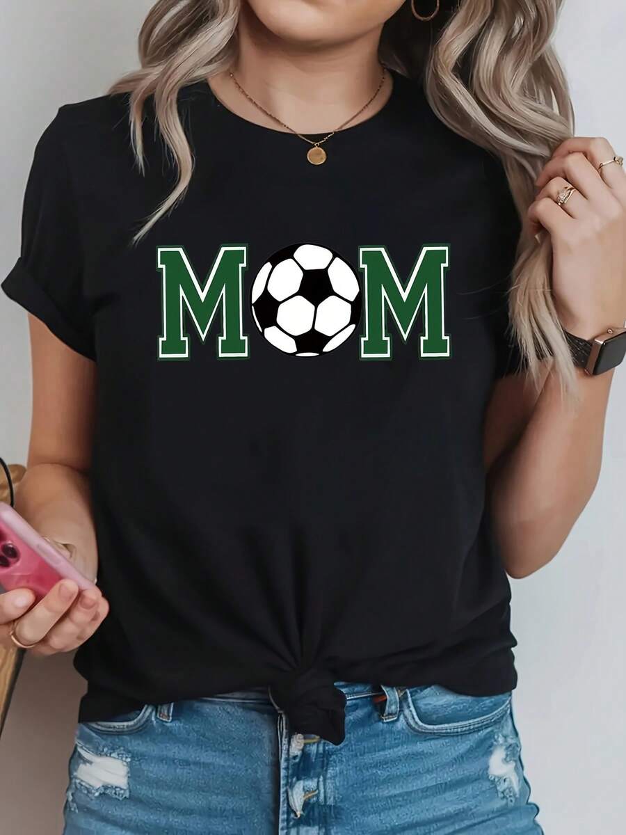 Women's Soccer Graphic T-Shirt For Mom - Casual Short Sleeve Crew Neck T-Shirt With Green Soccer Design, Black And White Print For Spring/Summer, Casual Wear | Crew Neck T-Shirt | Durable Fabric - 黑色 - 查看 1