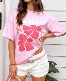 Letter Print T-Shirts For Women, Oversized Graphic Tees For Women And Teens, Y2k Short Sleeve Floral Print Graphic Tees, Aesthetic Summer T-Shirts, Cute And Preppy Women's Clothing For Vacation, Days Off, Everyday Casual Fashion And Versatility. - 粉色 - 查看 6