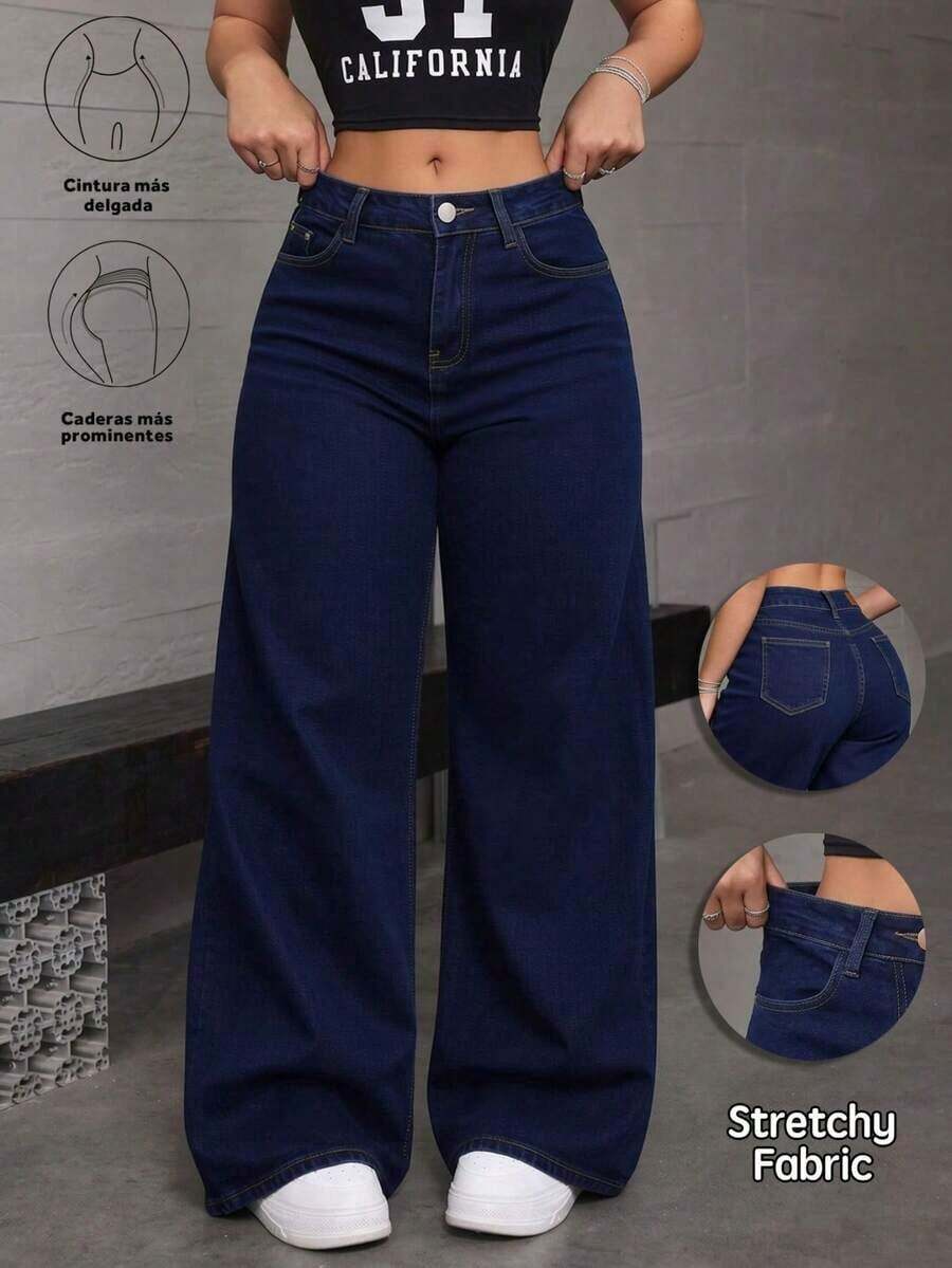 Jeans rectos de mezclilla azul oscuro efecto levantador de glúteos elásticos sueltos - Azul lavado oscuro - Ver 1
