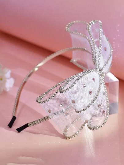 1pc Shiny Silver Rhinestone Headband With Multilayer Tulle Bow, Suitable For Brides, Weddings, Festivals, Parties, Casual Events, School, Daily Wear For Women