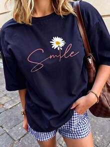 Camiseta de mujer estampada de manga corta para verano, tela de poliéster, estilo multifuncional, corte regular, peso 180 gramos, 1 unidad. - Azul oscuro - Ver 8