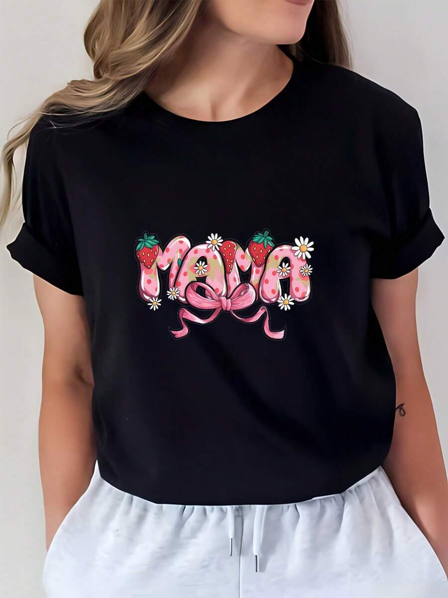 Camiseta de Mujer con Estampado Divertido de Fresas para Mamá, Novedad Verano 2026, Regalo Familiar, Top Casual de Moda y XLQN - Negro - Ver 1