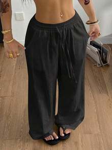 Women's 100% Cotton Washed White Trousers With A Curved Hem, Minimalist Basic Style, Perfect For Summer Country Concerts, Going Out, The Beach, And Bohemian Vacations. Women's Clothing For Autumn. - 黑色 - 查看 9