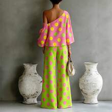 Women's Polka Dot Two-Piece Outfit, One Shoulder Top & High Waist Wide Leg Pants, Bold Color Block Set - Color - View 3