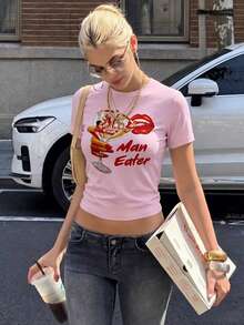 Women's Y2K Pink Form-Fitting Crop Top, Retro Lips & Cocktail Glass Print Ribbed Knit Crew Neck Short Sleeve T-Shirt, Summer Casual Y2K Aesthetic Tee For Daily & Date Outfits - Pink - View 1