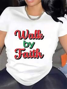 Camiseta Estampada ModaModa180G Walk by Faith para Mujer, Perfecta para Reuniones Familiares, Eventos Religiosos y Promociones de Verano - Elegantes Regalos de Camisetas Gráficas para HercuteEstampadaEstampada - Blanco - Ver 1