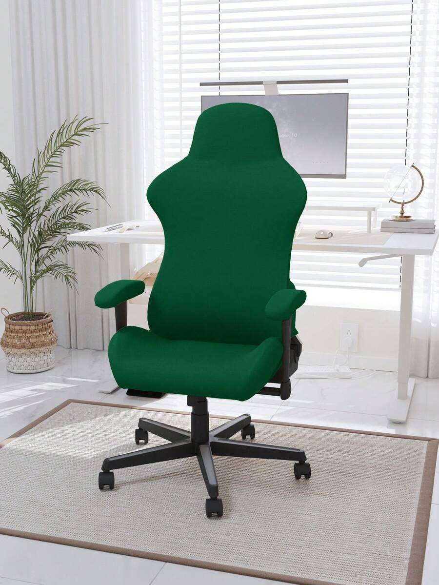 1pc Elastic Solid Color Gaming Office Executive Chair Cover - Green - View 1