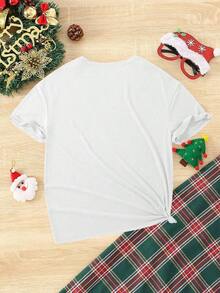 Women's Basic Short-Sleeved T-Shirt, Korean Christmas Casual Style, With Creative Graphic Print Of Christmas Tree And Cute Lettering, Ideal For Christmas Parties. - White - View 3