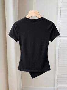 Summer New Asymmetrical Design Minimalist Casual Round Neck Short Sleeve Ruched T-Shirt, Versatile And Fashionable Blouse For Women - Black - View 2