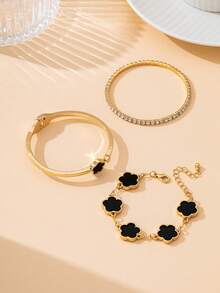 3pcs Luxury Diamond Chain, Lucky Clover Bracelet Jewelry Set For Women - Black - View 2